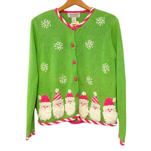Tiara Sz S Knit Cardigan Ugly Christmas Sweater Embellished Green & Pink Y2K